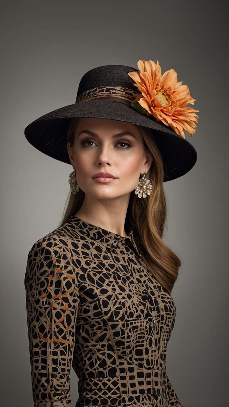 Fashion model in leopard-print dress and black hat with orange flower, posing confidently against a solid background.