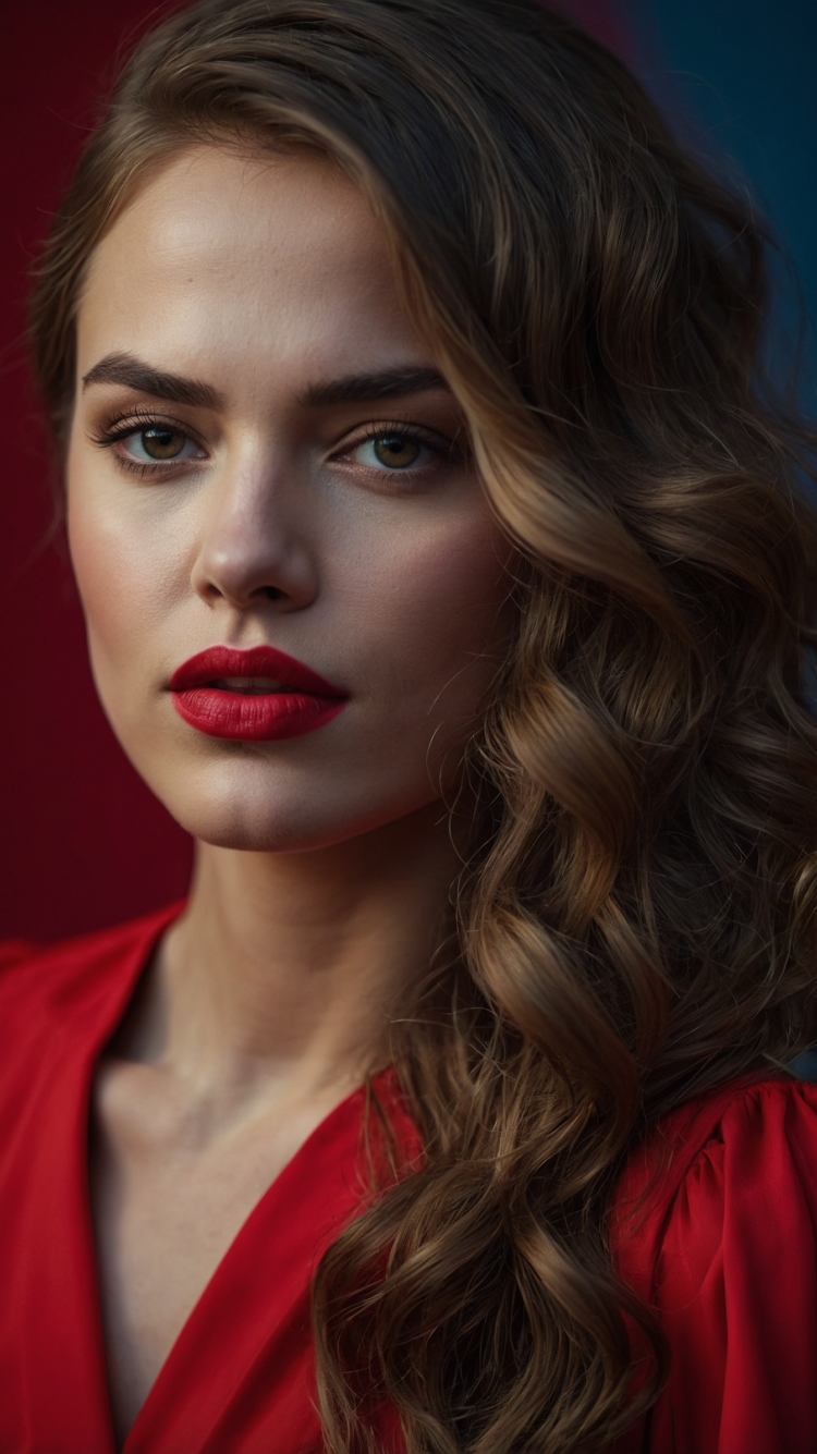 Serious woman in red dress with blue eyes and wavy brown hair, posing in front of a red background.