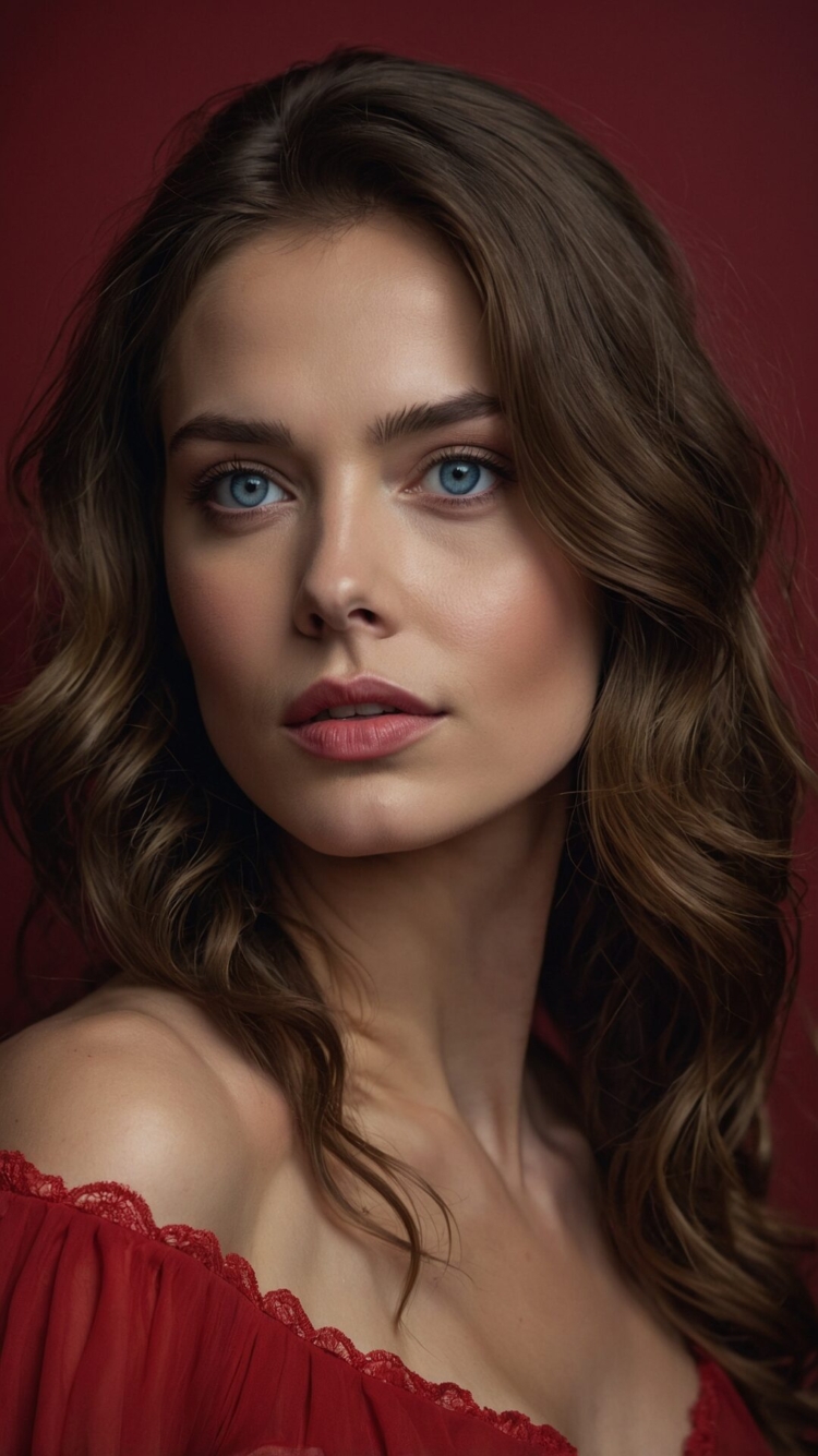 Portrait of a woman with blue eyes and wavy brown hair wearing red, in a studio with soft lighting and a dark background.