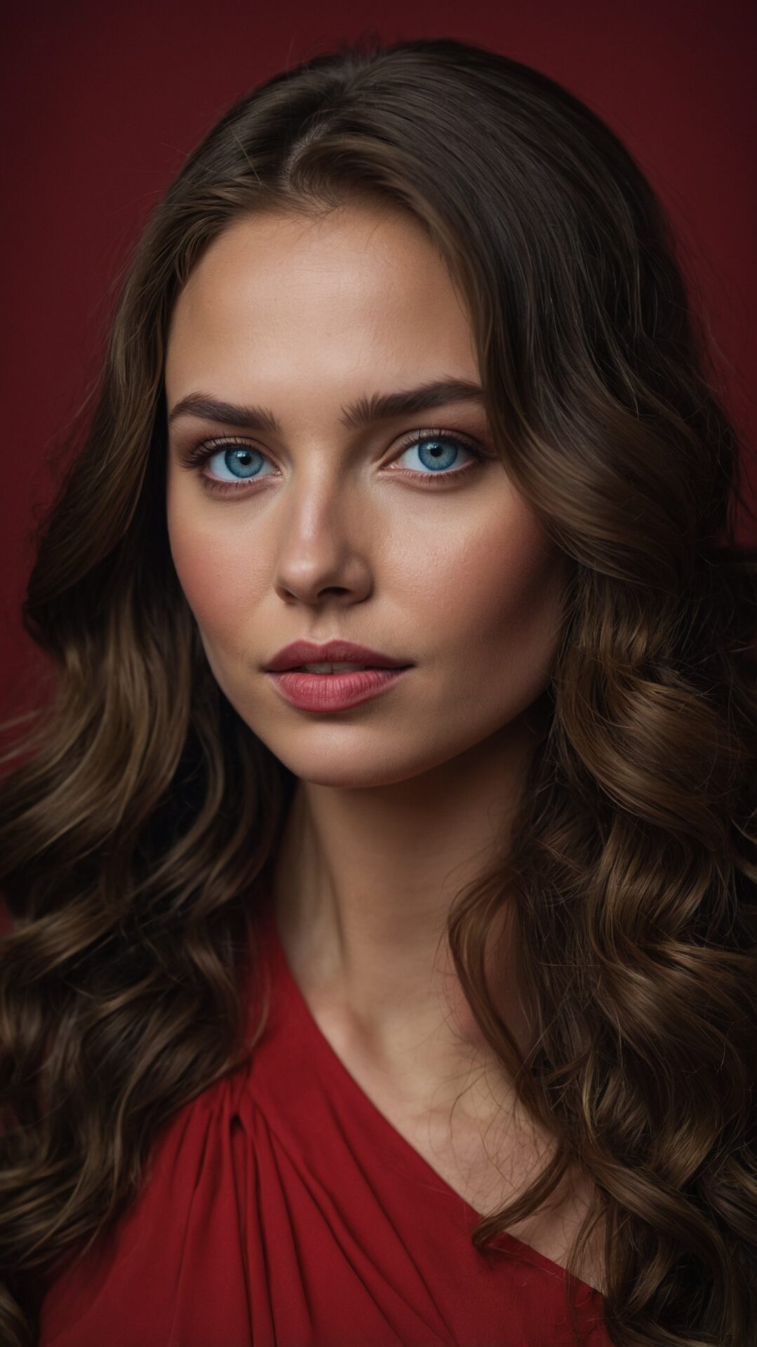 Portrait of a Russian woman with blue eyes and long brown hair in a red dress against a dark studio background.