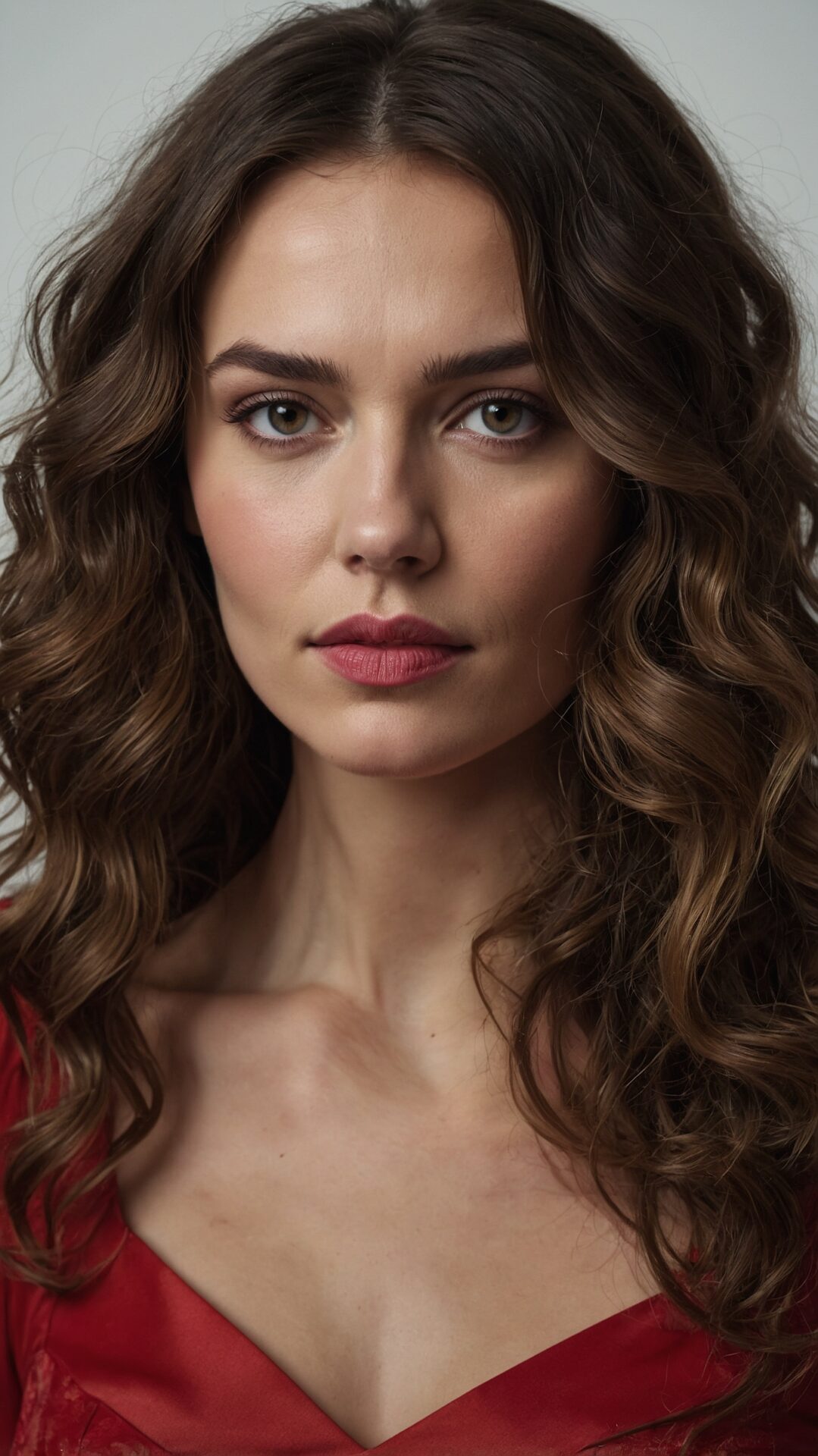 Headshot of a woman with long wavy brown hair and soft features wearing a red dress against a white background.