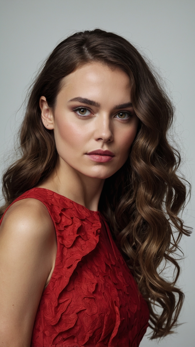 Headshot of woman with wavy, dark brown highlighted hair in a red dress, posing against a light studio background.