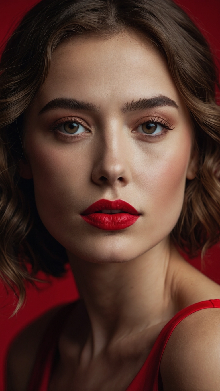 Close-up portrait of a woman with red lipstick, soft lighting, natural skin, and a red background, in high-res fashion style.Close-up portrait of a woman with red lipstick, soft lighting, natural skin, and a red background, in high-res fashion style.
