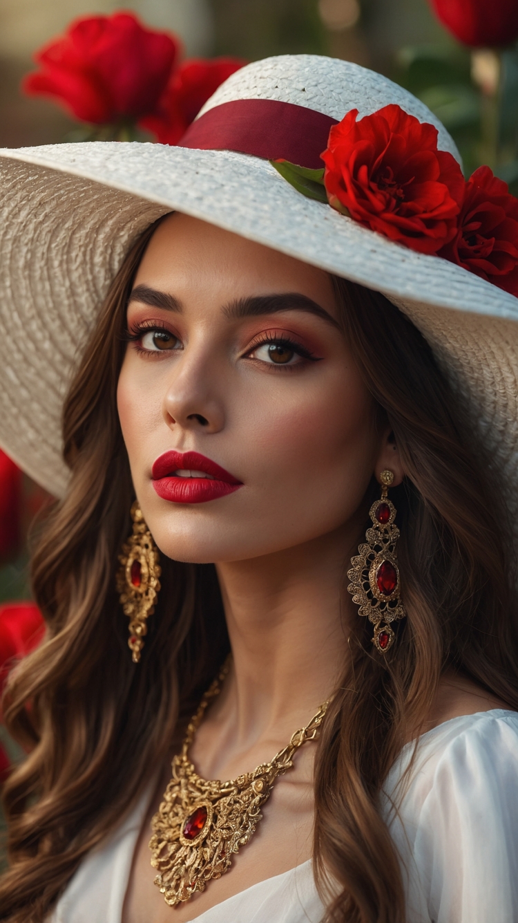 Elegant woman in a white hat with red flowers and red makeup poses against a rose-filled background in a fashion photo shoot.