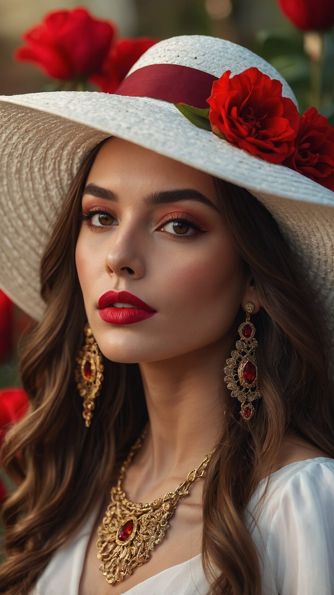 Elegant woman in a white hat with red flowers and red makeup poses against a rose-filled background in a fashion photo shoot.