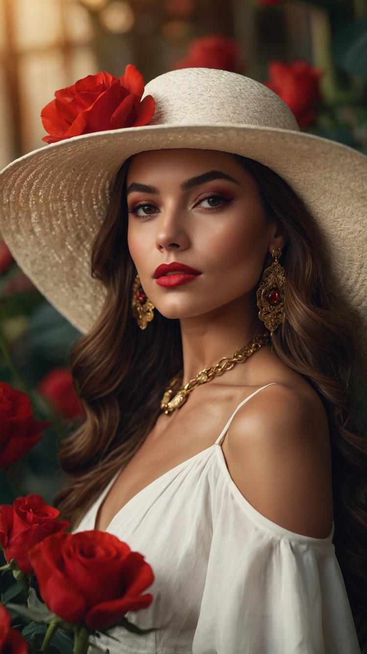 Elegant woman in a white dress and sun hat poses among red roses with bold makeup and gold jewelry.