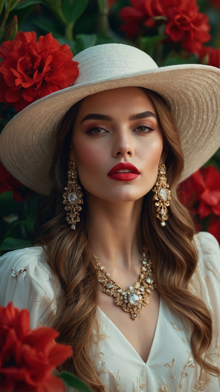 Elegant woman in white dress with hat and red lips poses in a flower garden, wearing statement earrings and necklace.