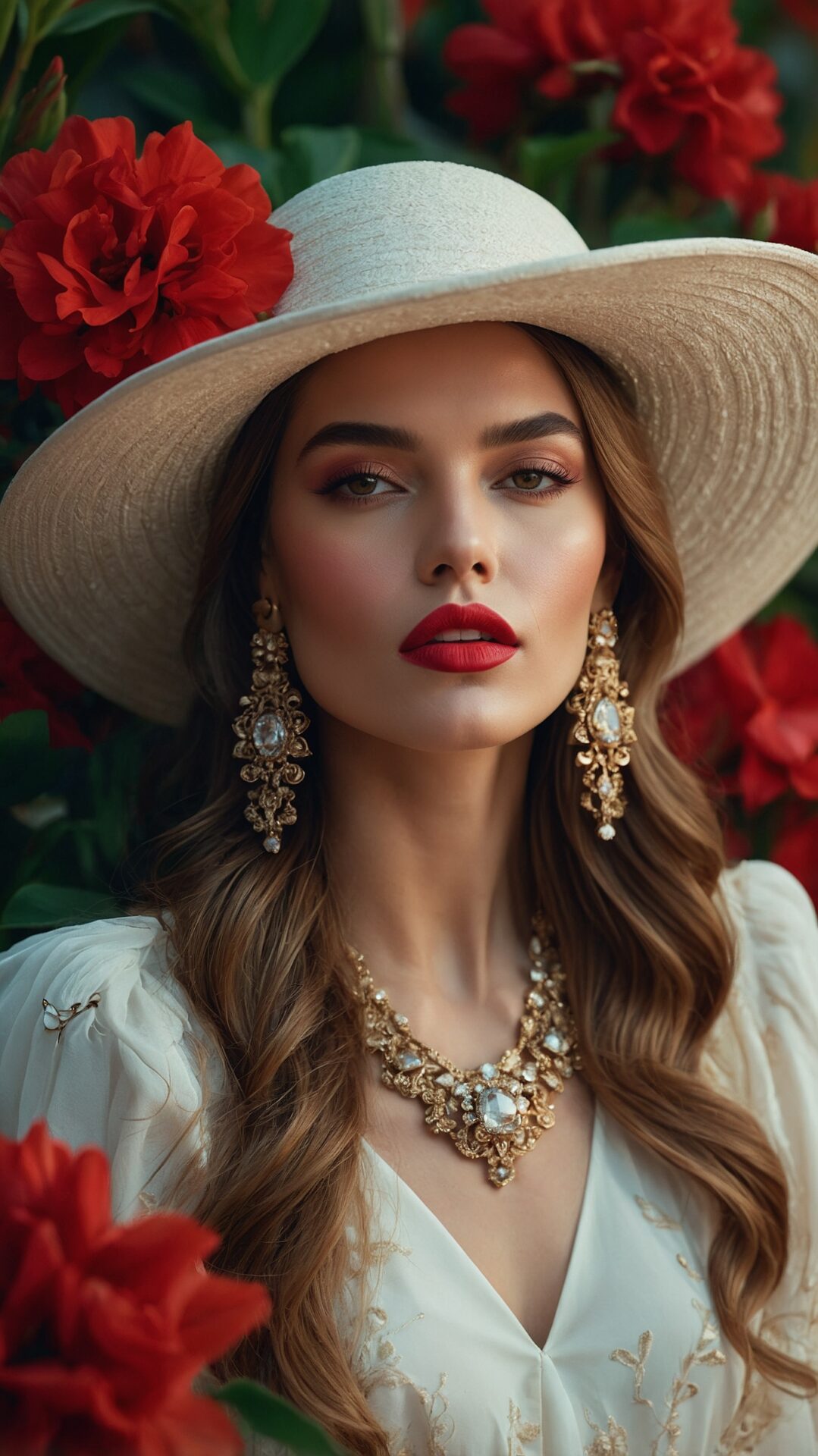 Elegant woman in white dress with hat and red lips poses in a flower garden, wearing statement earrings and necklace.