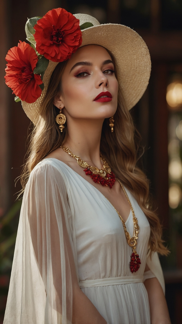 Elegant woman in a white dress and hat with red flowers poses in garden city, wearing gold jewelry and red lipstick.