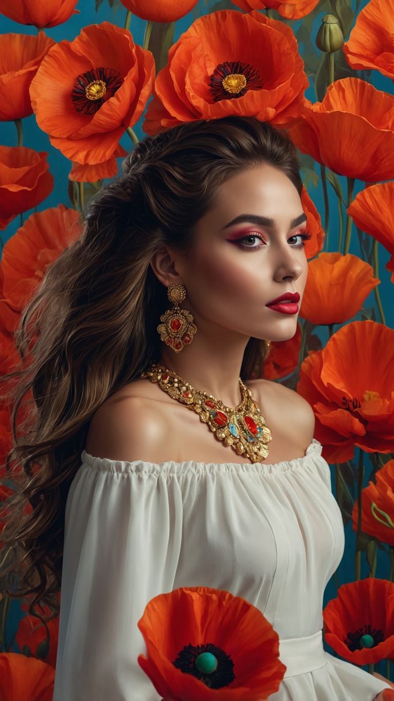 Elegant woman in white dress with red lipstick and gold jewelry stands before orange poppies and a soft blue background.