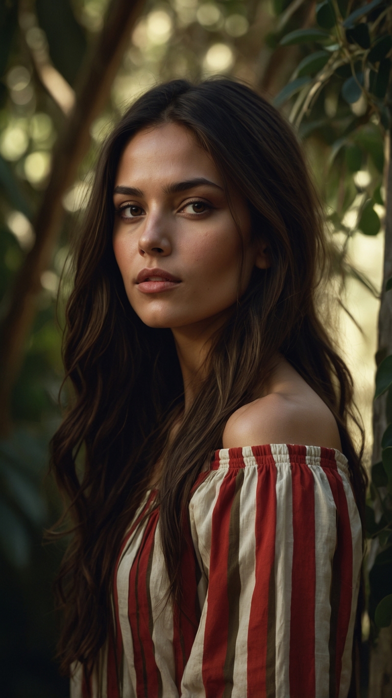 Beautiful young woman with long brown hair in a red and white top, standing in a sunlit garden with soft light.