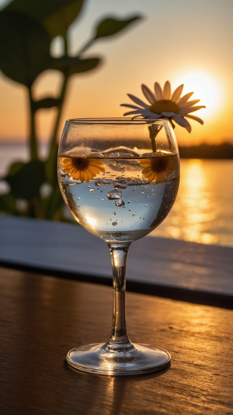 Gin glass with floating daisy in golden hour light, set on a seaside table with a soft, cinematic background.