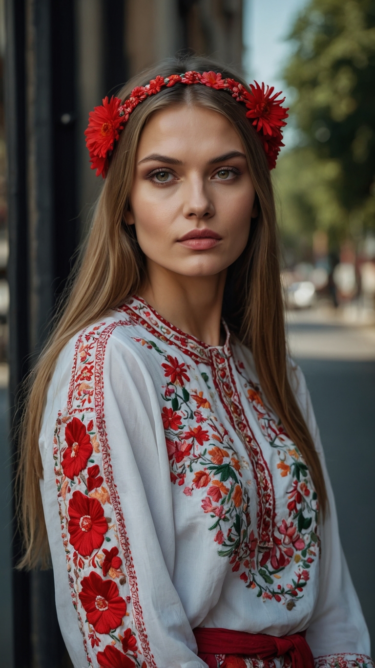 Ukrainian woman in traditional shirt and red floral headpiece stands confidently in an urban street during daylight.