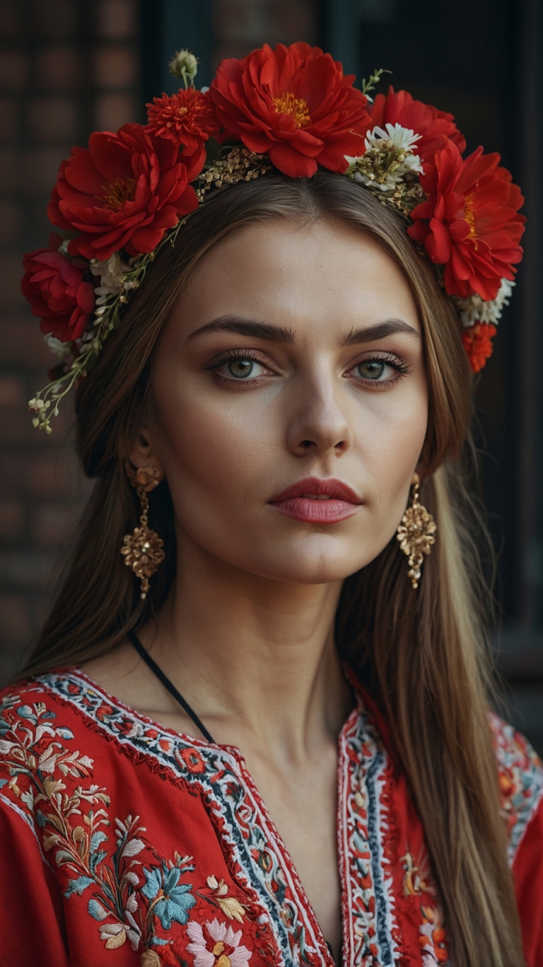 Ukrainian woman in floral wreath and traditional dress smiles softly against a brick wall, with green eyes and gold earrings.