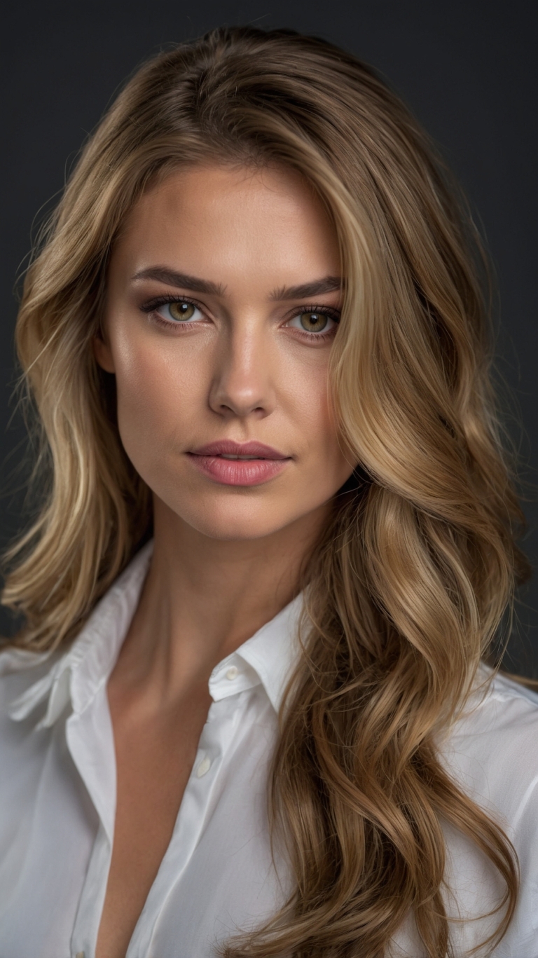 Attractive woman with light brown hair and blonde highlights in a white shirt, facing camera against black background, soft lighting.