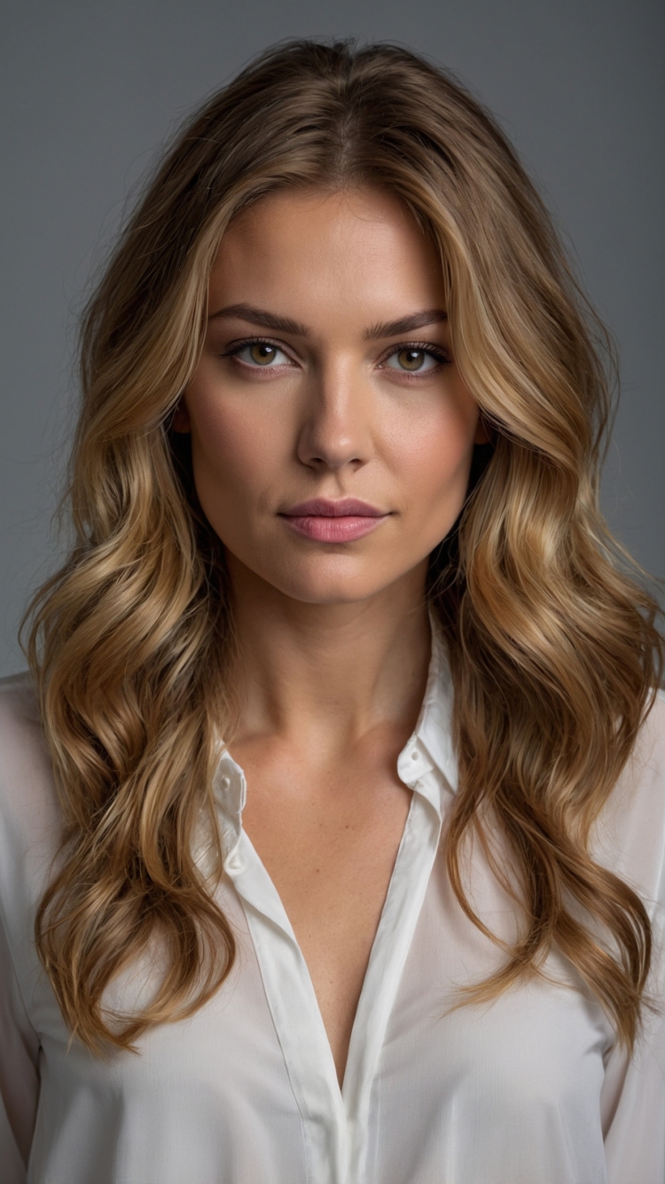 Stylish woman with wavy brown hair in a white shirt looking at camera, soft lighting and natural expression.