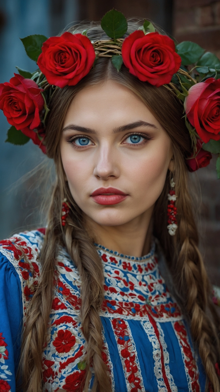 Ukrainian woman in traditional dress with roses in her hair, blue eyes, red lips, and braided brown hair.