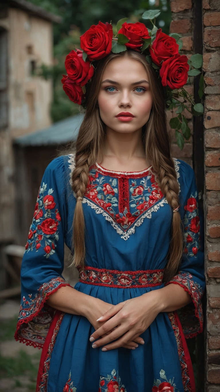 Ukrainian woman in a blue embroidered dress with a red rose wreath, posing confidently against an old brick wall.