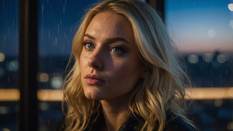 Blonde woman in black stands by a rainy office window at night, city lights behind her, looking sad but determined.