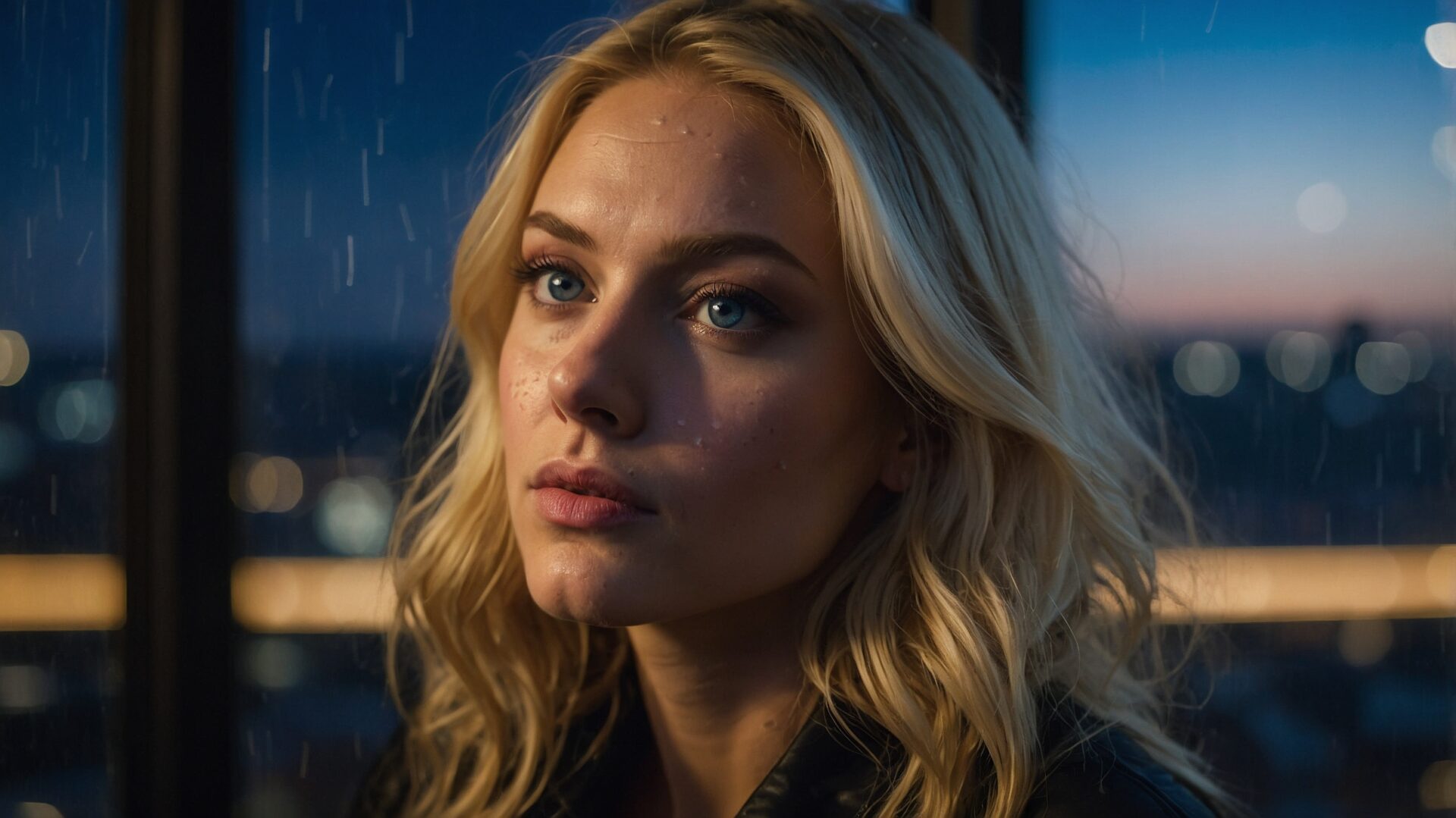 Blonde woman in black stands by a rainy office window at night, city lights behind her, looking sad but determined.