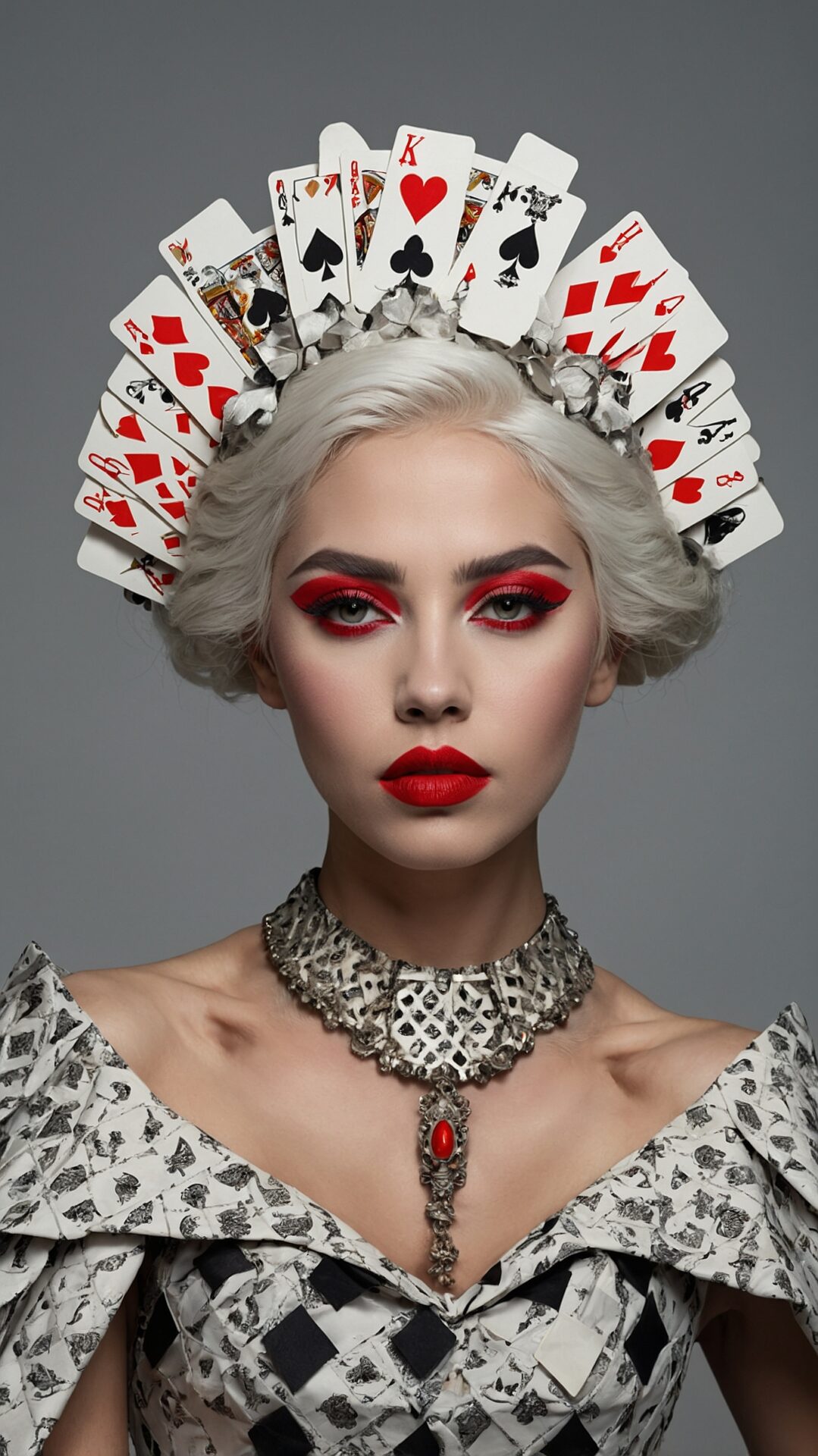 Young woman in card-themed fashion outfit with crown, red lipstick, white hair, and gray background in a fashion magazine photoshoot.