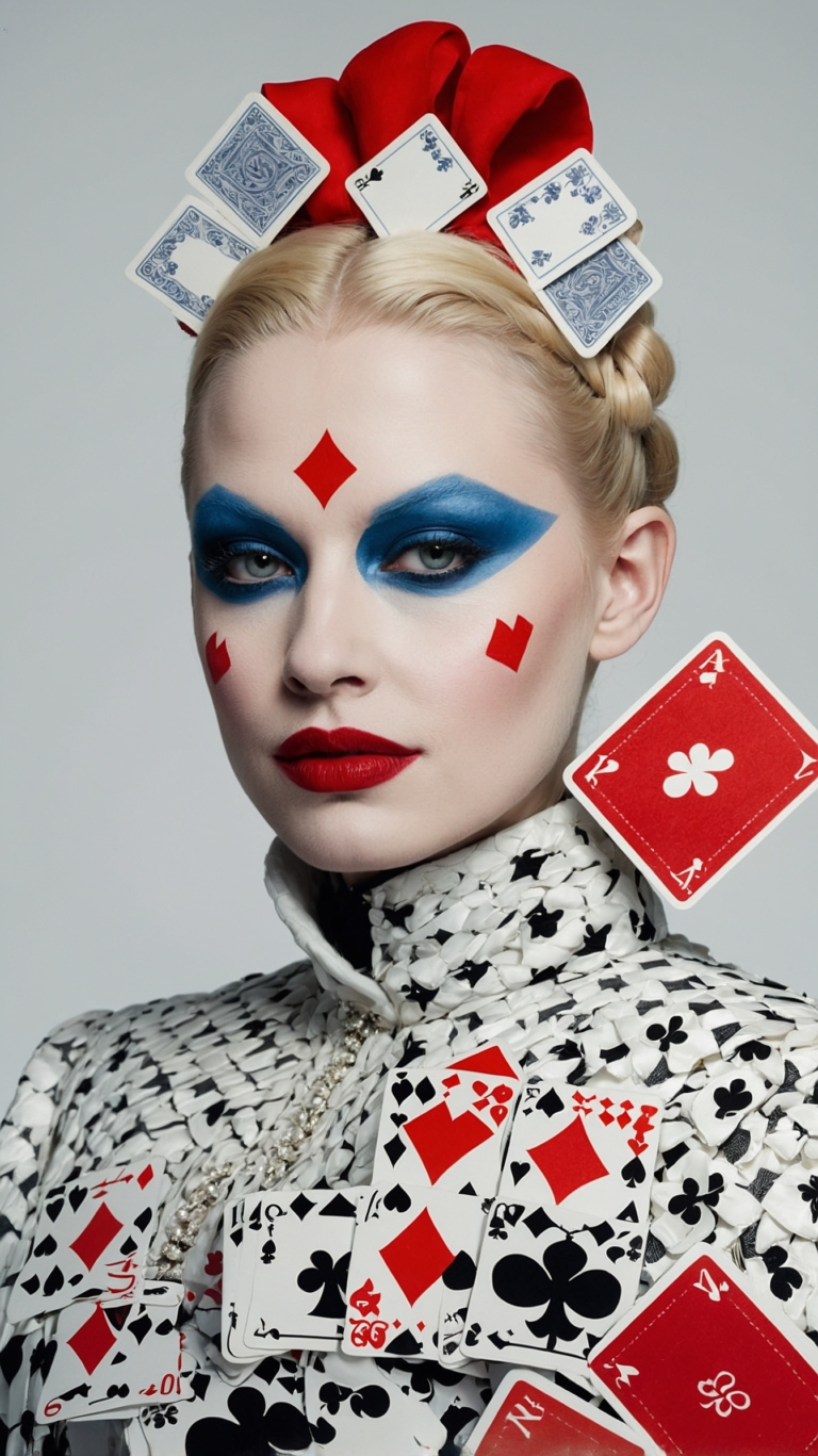 Eccentric woman with blue eyeshadow, red lips, playing cards in hair, futuristic Queen outfit on white background.