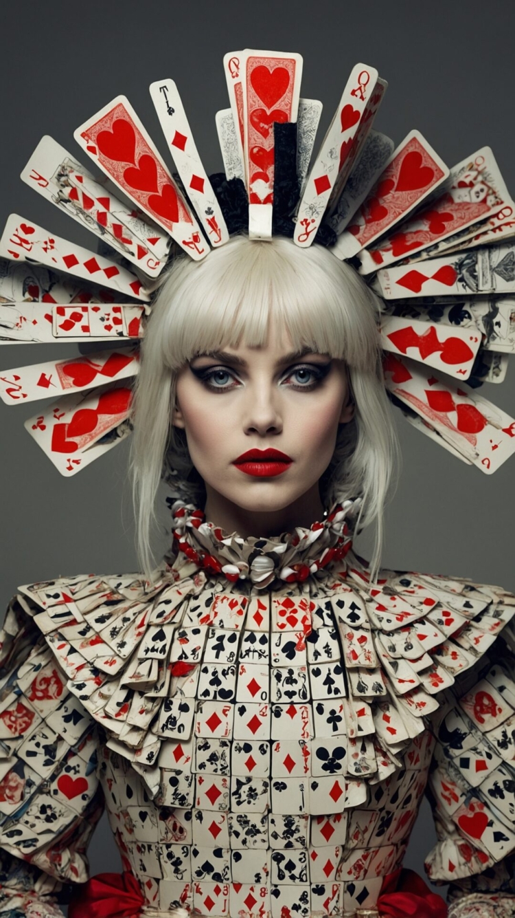 A photograph of the Queen from Alice in Wonderland. She is wearing an outfit made of playing cards, with white hair and bangs. Her headgear features spades, hearts, diamonds, and clubs. The background is grey, with soft lighting and a symmetrical composition, in the style of fashion photography.