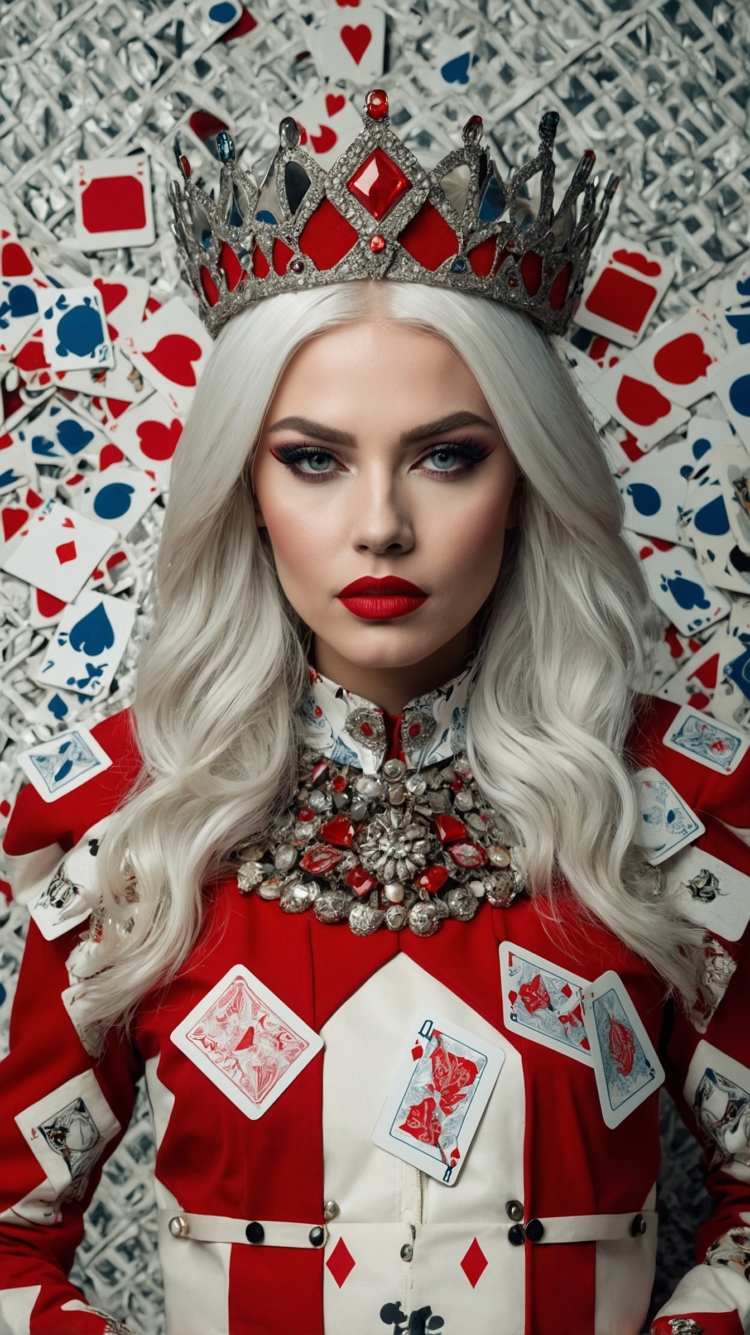 Queen from Wonderland in red costume, card crown, blue eyes, playful pose, patterned background in red, white, and gray.