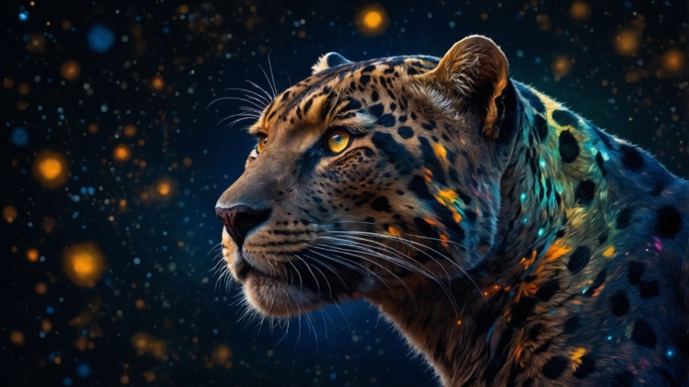 Fantasy leopard with colorful stars on fur, starry sky background in dark blue and yellow colors.
