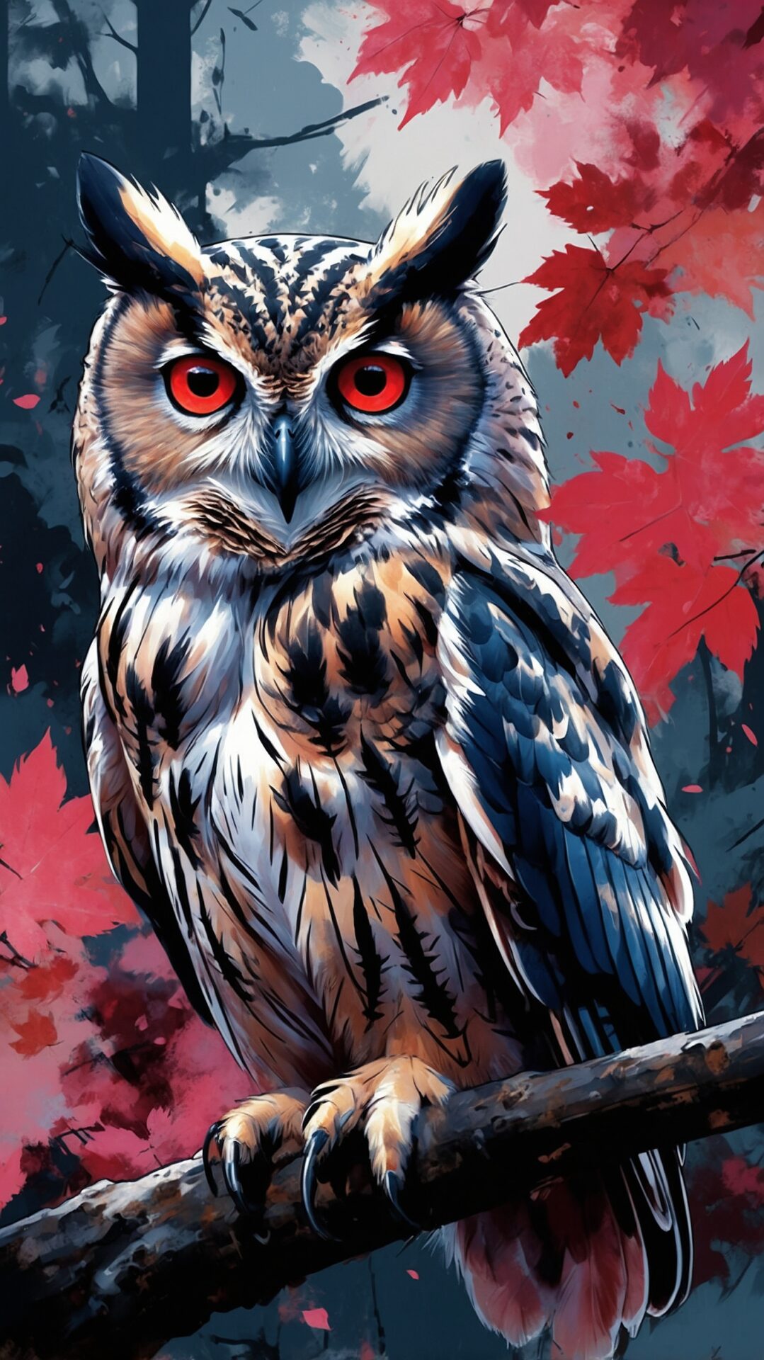 Vector-style owl with red eyes perched on a branch in a vibrant autumn forest, full-body, ultra-detailed illustration.