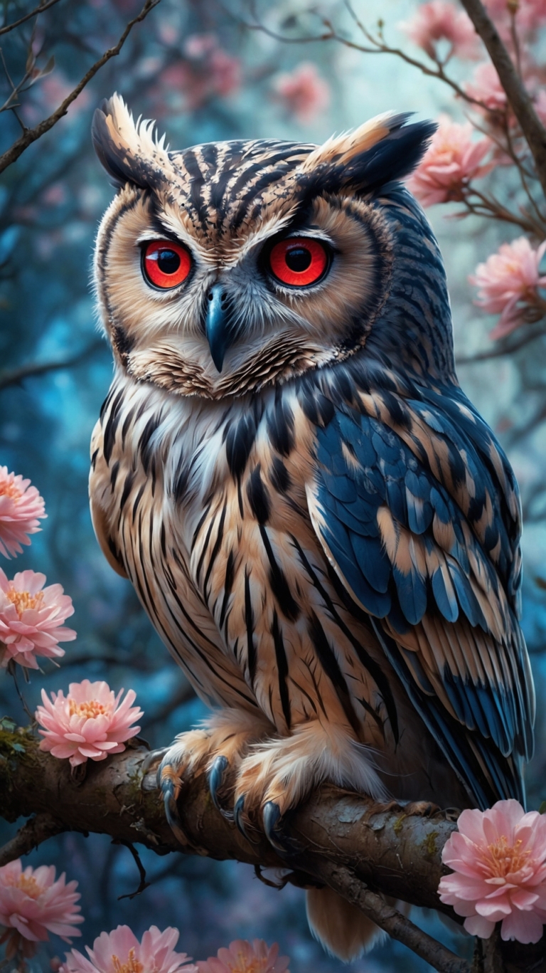 Owl with red eyes on cherry blossom tree in dreamy fantasy oil painting with surreal blue-gray tones and mystical detail.
