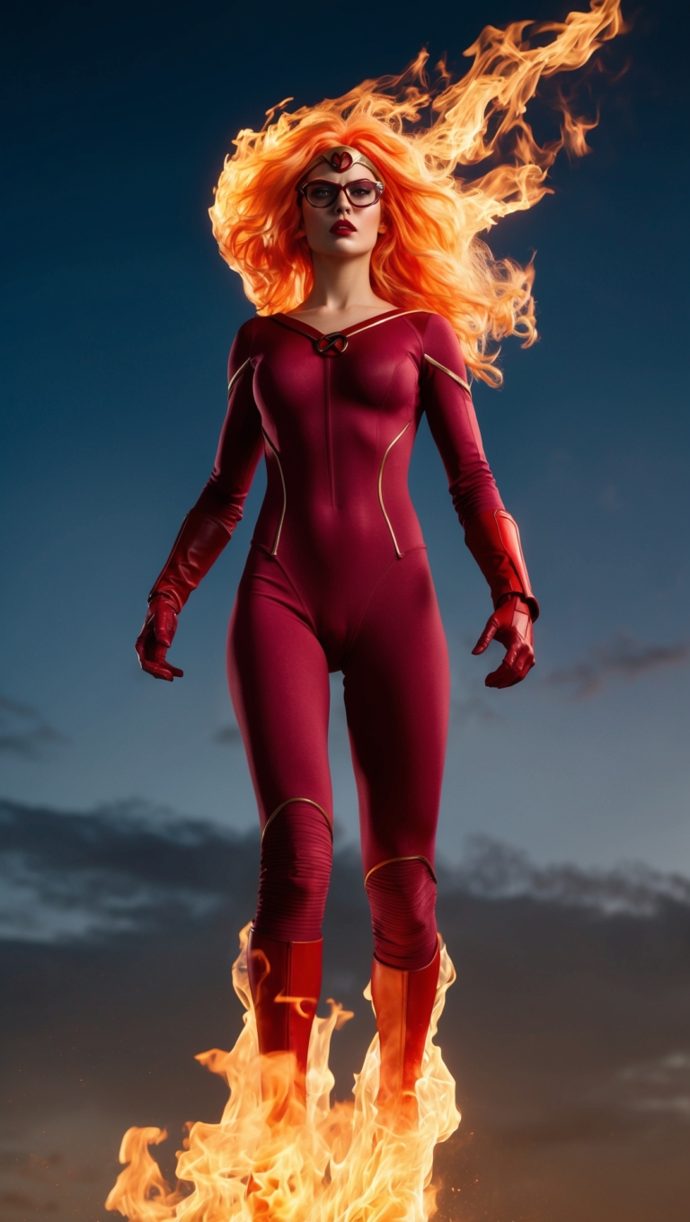 Fire Woman in a red flame suit with orange hair and glasses, standing confidently under a dramatic night sky.