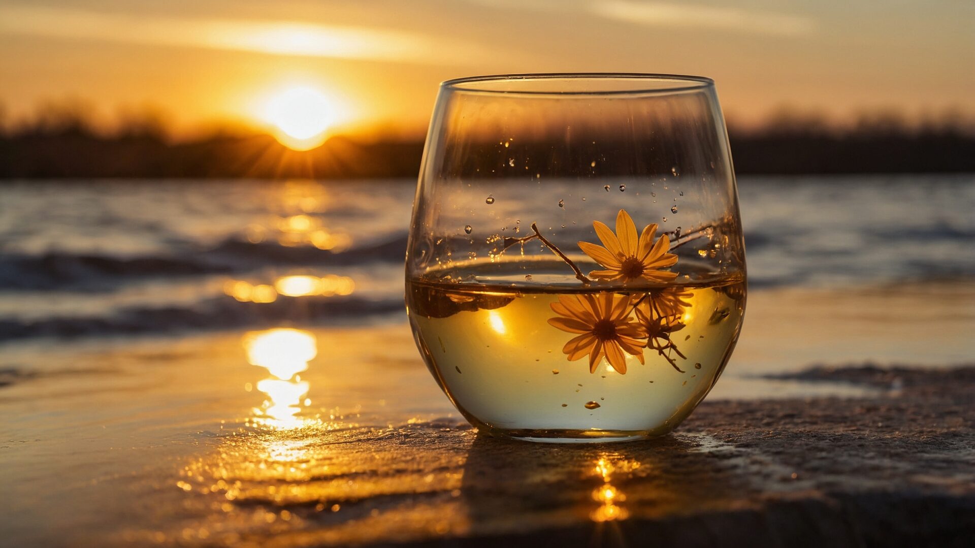 White wine glass with yellow flowers on a beach at sunset, glowing sea ripples in the background.