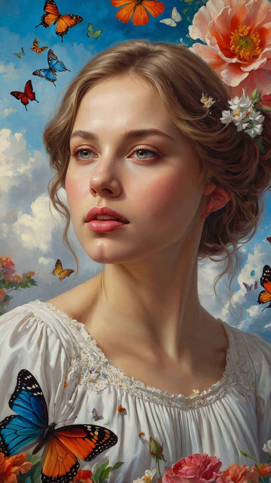 Young woman with flowers and butterflies, wearing a white dress against blue clouds, soft features and red lips.