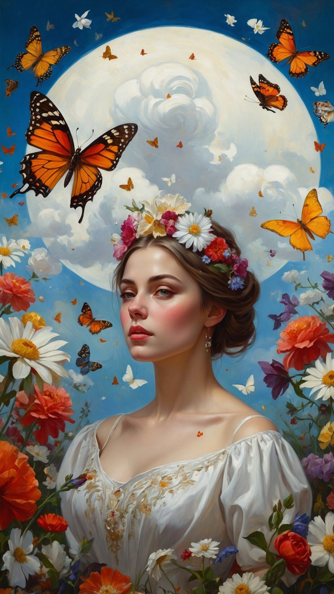 Elegant woman with floral bun, full moon, and butterflies in a cloudy sky, oil painting style.