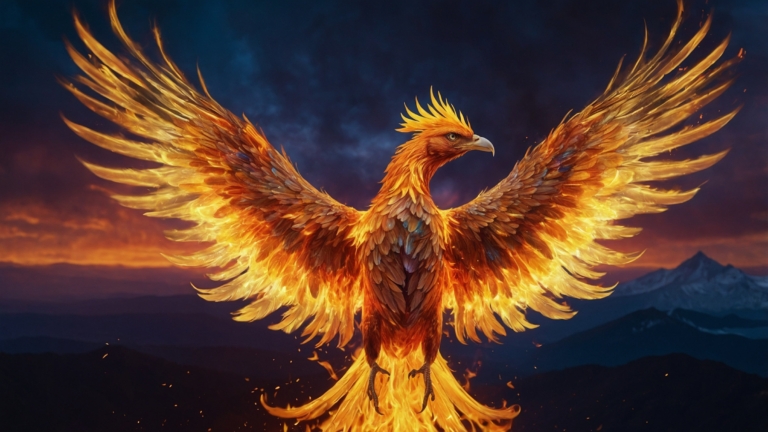 Golden phoenix rising from ashes with mountains behind it, wings spread wide, glowing with fire.