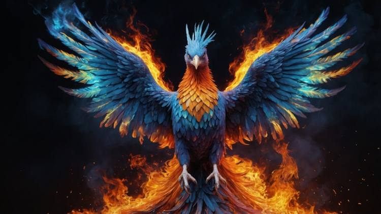 Blue and orange phoenix rising from ashes with fire surrounding it, wings spread wide against a dark background.