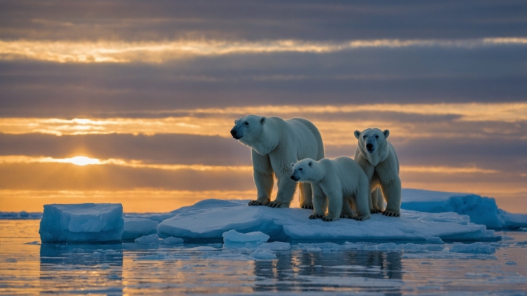 Polar bear and cub on ice floe at golden sunset with rippling blue water in front.