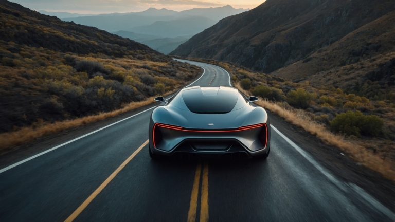 Silver electric car driving fast through California mountains with red LED lights and scenic landscape.