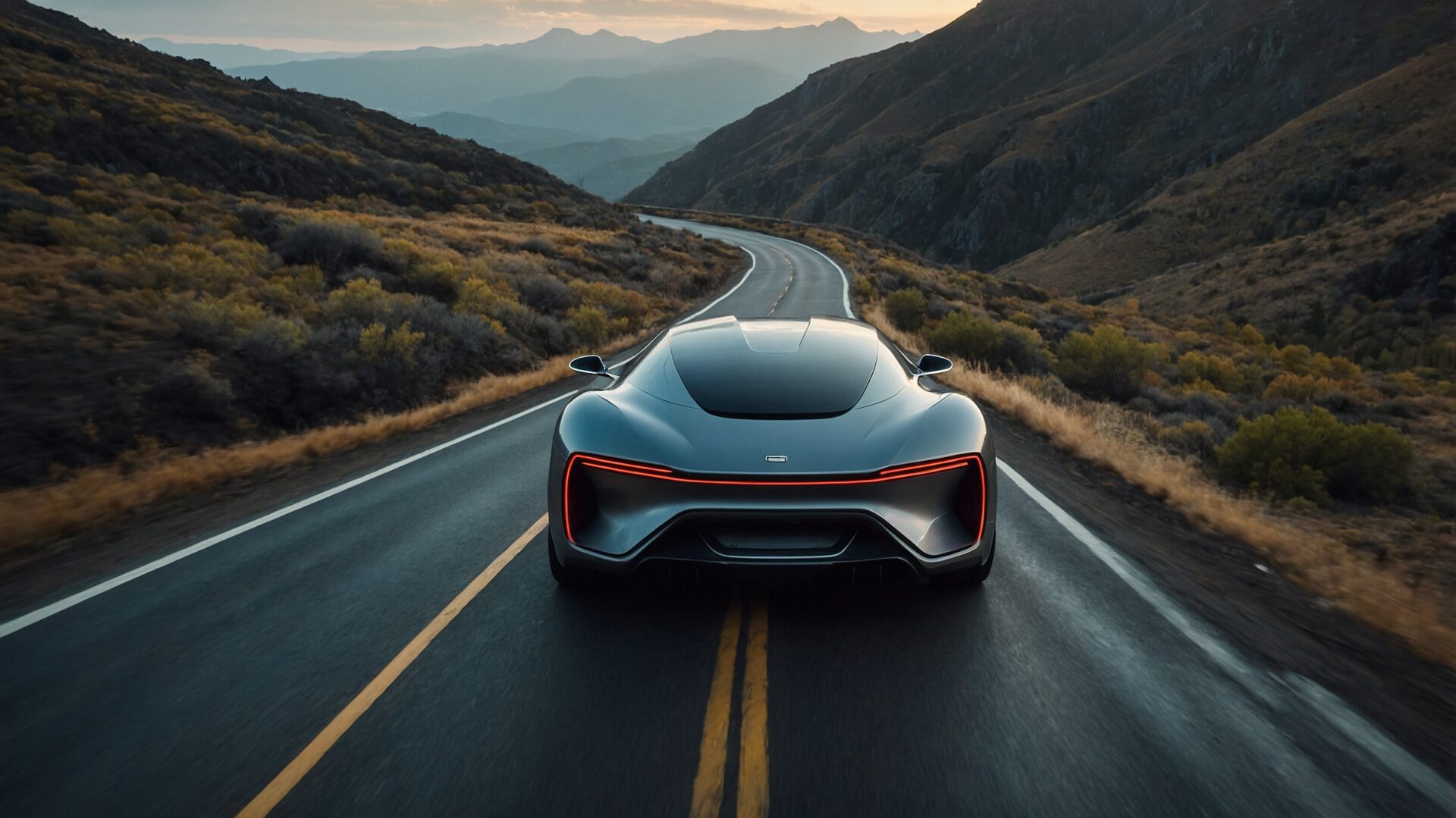 Silver electric car driving fast through California mountains with red LED lights and scenic landscape.