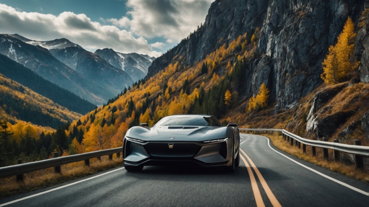 Electric concept car driving toward camera with autumn trees and mountains in the background, sleek design and black wheels.