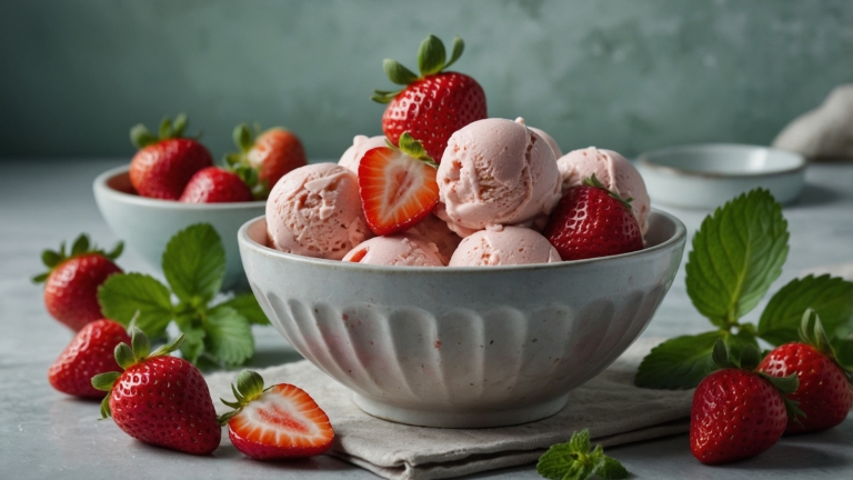 Strawberry ice cream in a bowl with fresh strawberries beside it on a clean, minimal background in soft lighting.