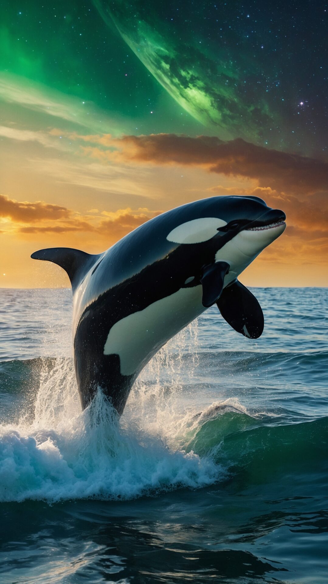 An orca jumps from glowing green waves beneath an aurora-lit sky, with sunset colors in the distant ocean background.