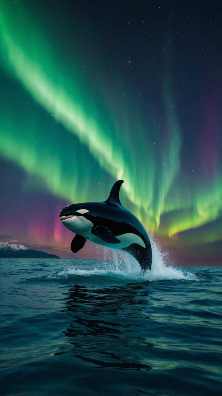 Orca leaps from the ocean with northern lights glowing above in a dramatic, full-body wildlife photo.