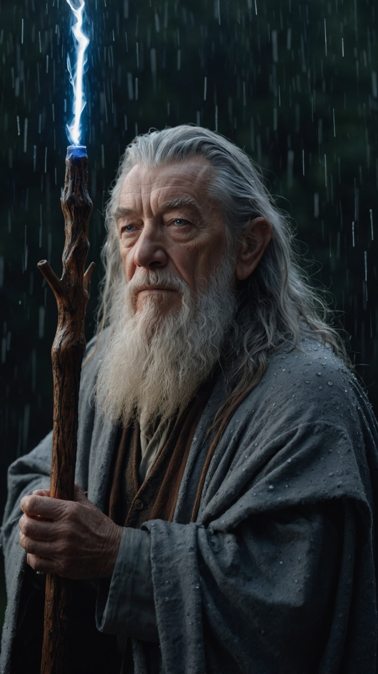 Gandalf the Grey stands in the rain with lightning crackling from his staff, staring intensely forward.