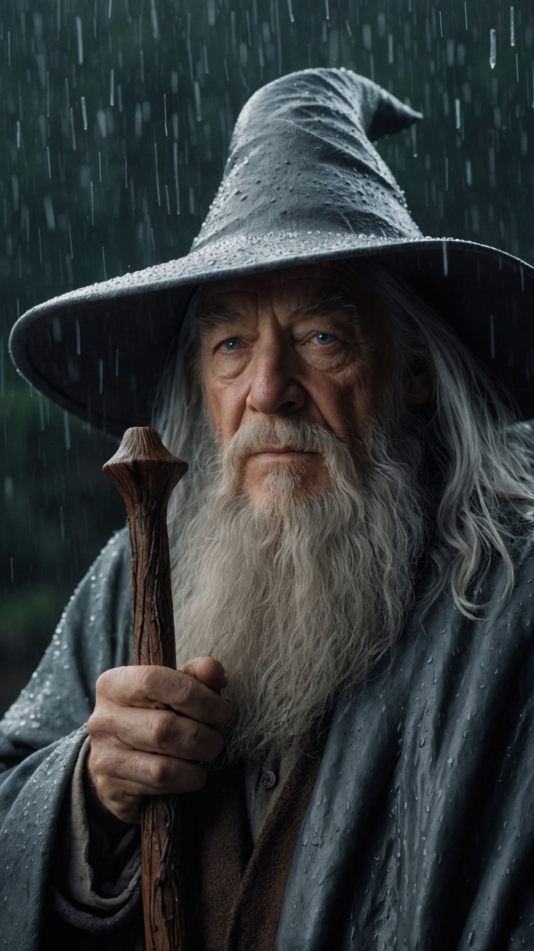 Gandalf in rain with staff and hat, grey hair and beard flowing, captured in cinematic portrait style.