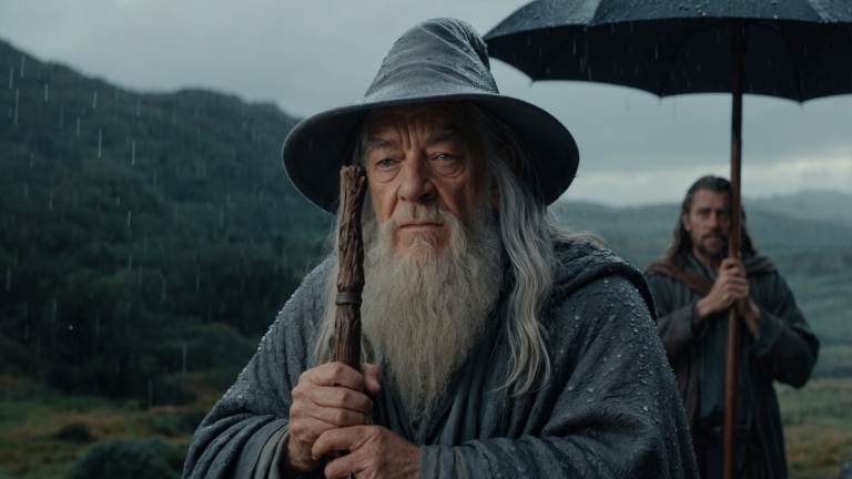 Gandalf in grey robes holding an umbrella and staff in the rain, another Gandalf figure behind him, with the Shire landscape in the background.