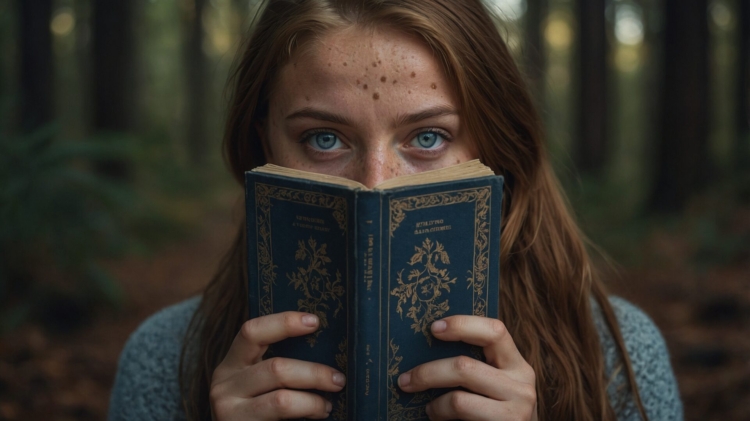 Girl with blue eyes holding a vintage green book titled "The Tragedy" in a forest, long brown hair and freckles visible from behind.