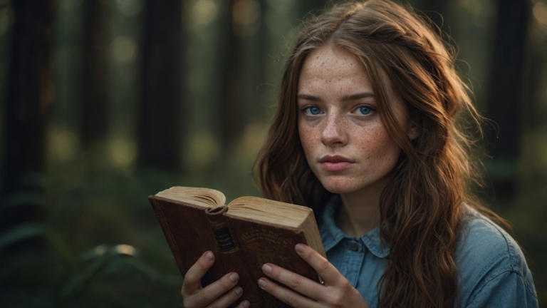 Young woman with blue eyes and freckles holding a leatherbound book, standing in a forest at dusk, looking at the camera with calm expression.