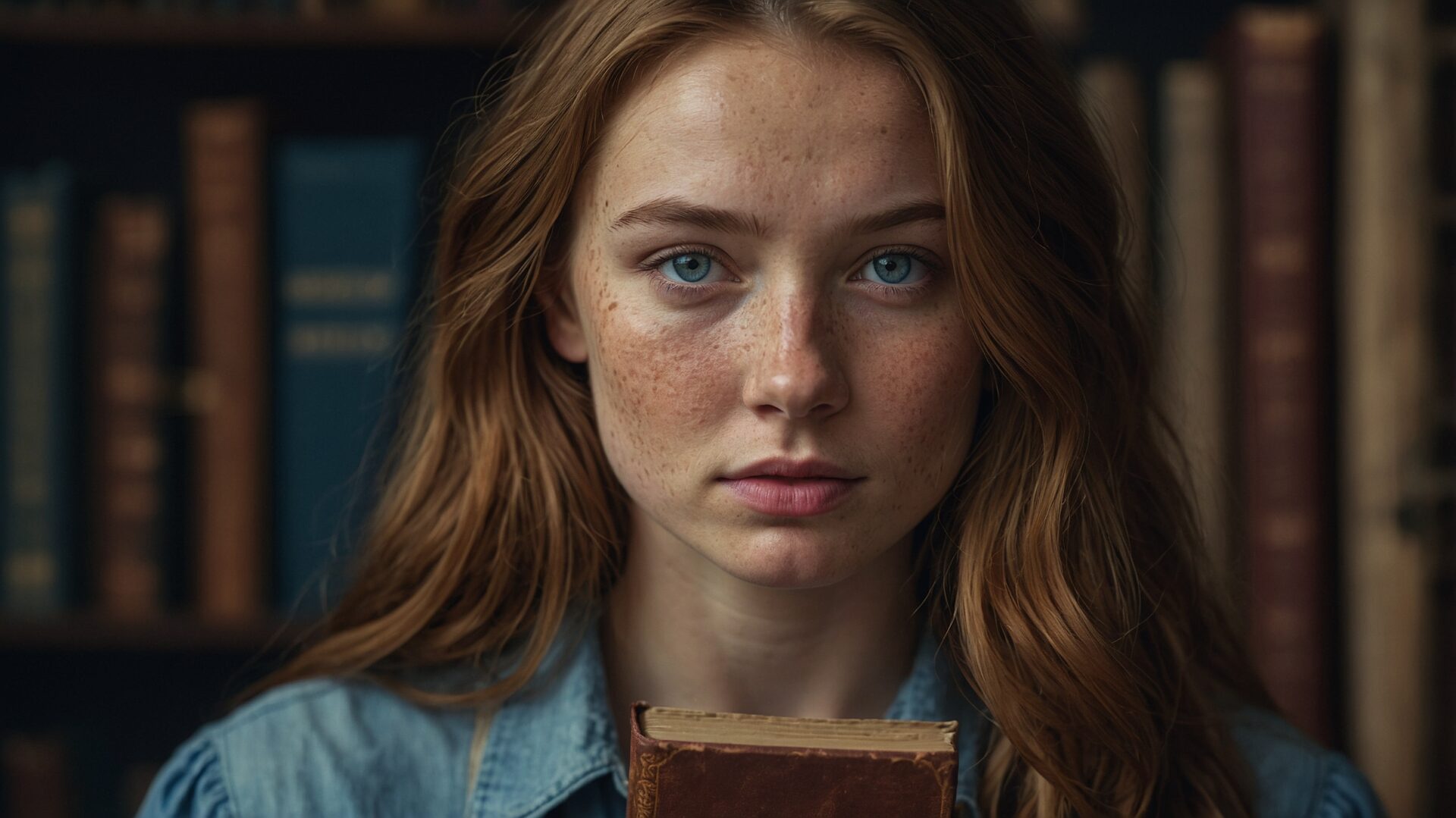Red-haired woman with blue eyes holding an old book in front of her face, standing in a warmly lit library.